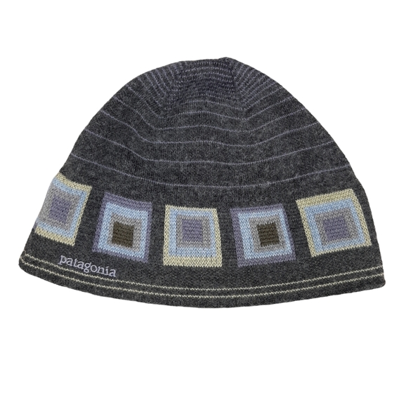 Patagonia Other - Patagonia Wool Blend Beanie Hat Size Medium Grey Blue Yellow Geometric Pattern